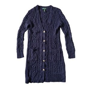 Lauren Ralph Lauren Navy Cable Knit Cardigan Sweater Women’s Size M Wool Blend